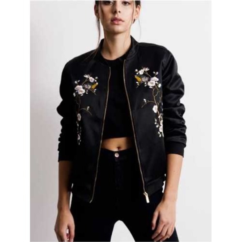 Zara Woman Black Satin Bomber Jacket Embroidered Birds Floral Gold Zip Large